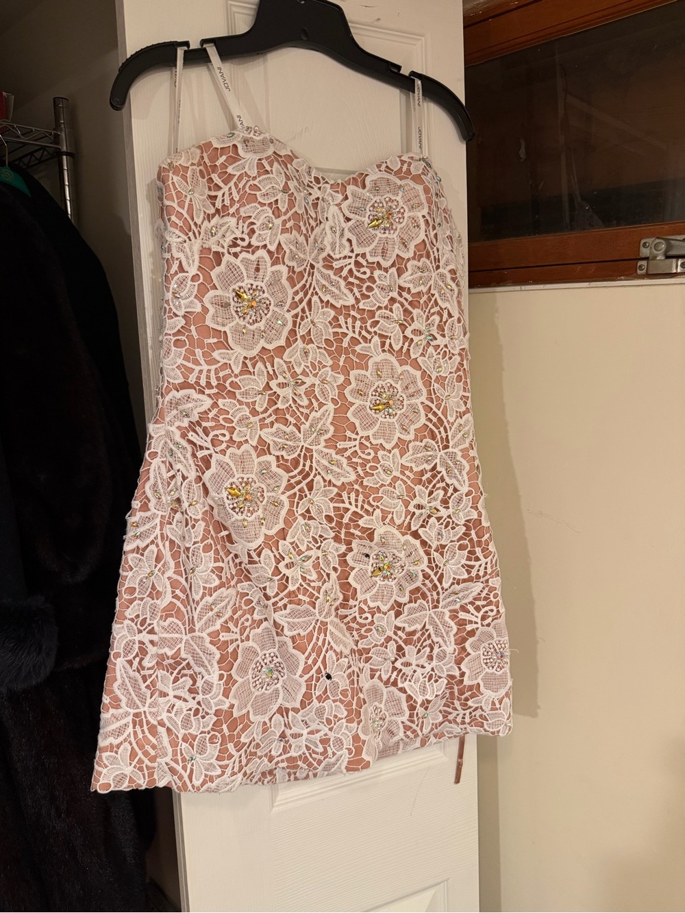 Jovani White Floral Lace Overlay Slip Dress in Blush